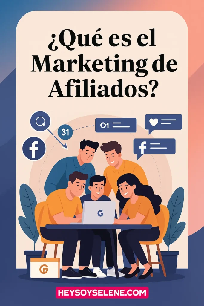 Grupo de personas trabajando en marketing de afiliados frente a un ordenador, ilustración colorida con iconos de redes sociales – ¿Qué es el marketing de afiliados?